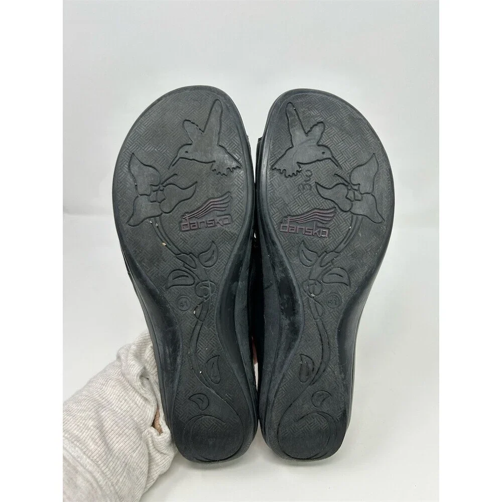 Dansko Black Leather Strappy Silver Medallions Slide Sandals Comfort Cork 41